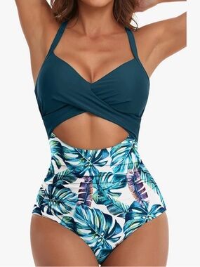 Teal Cutout One-Piece Swimsuit with Tropical Leaf Print
